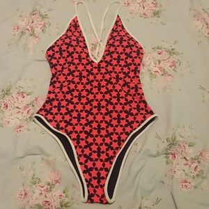 NWOT:Neon Pink, navy, and white one piece swimsuit